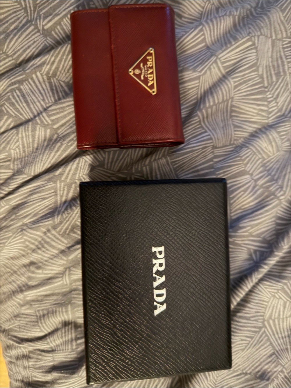 Prada Men's Burgundy Saffiano Leather Card Case with Gold Logo